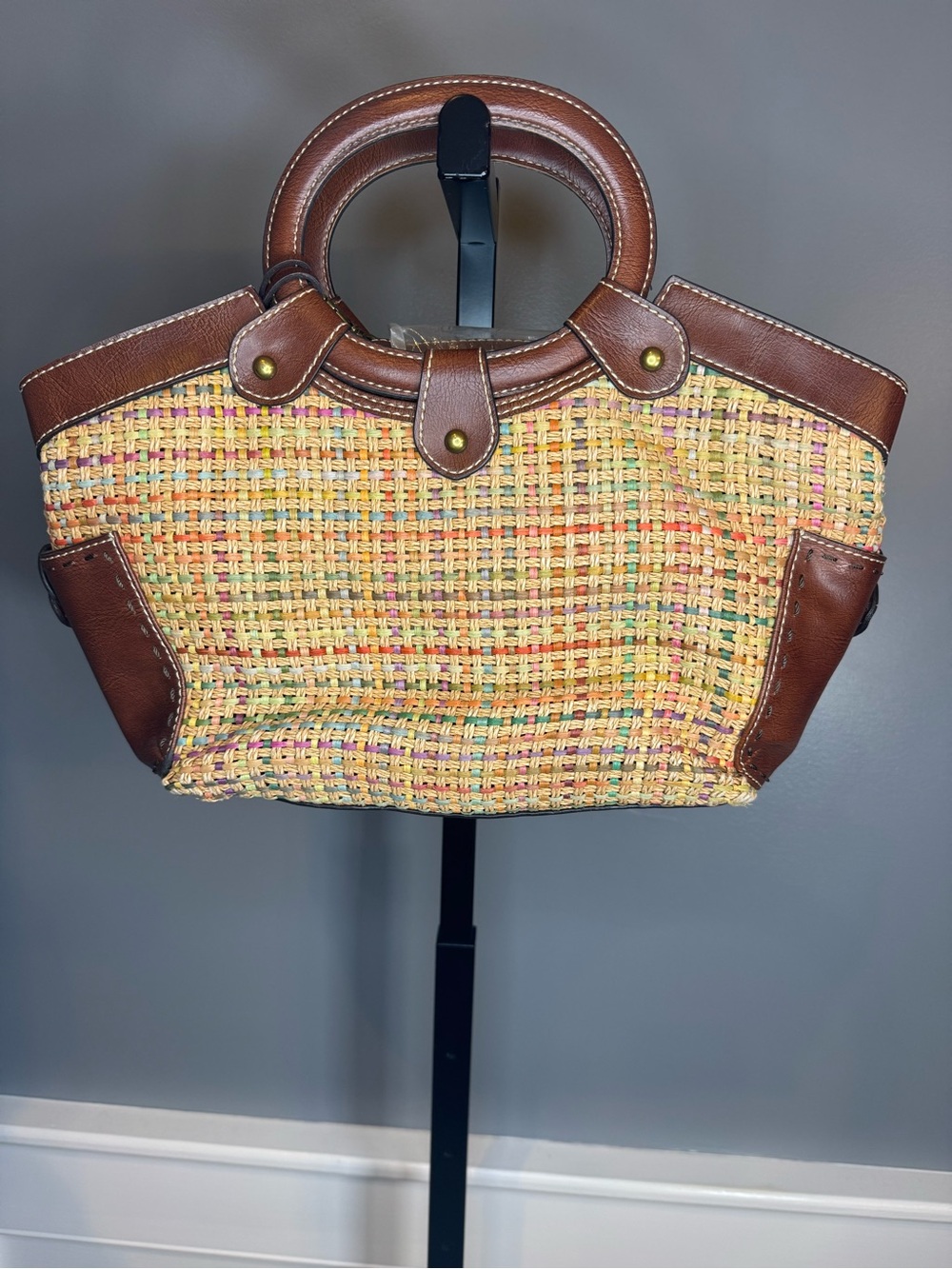Fossil ZB9735 Woven Straw Leather Satchel Crossbody Bag Y2K Boho